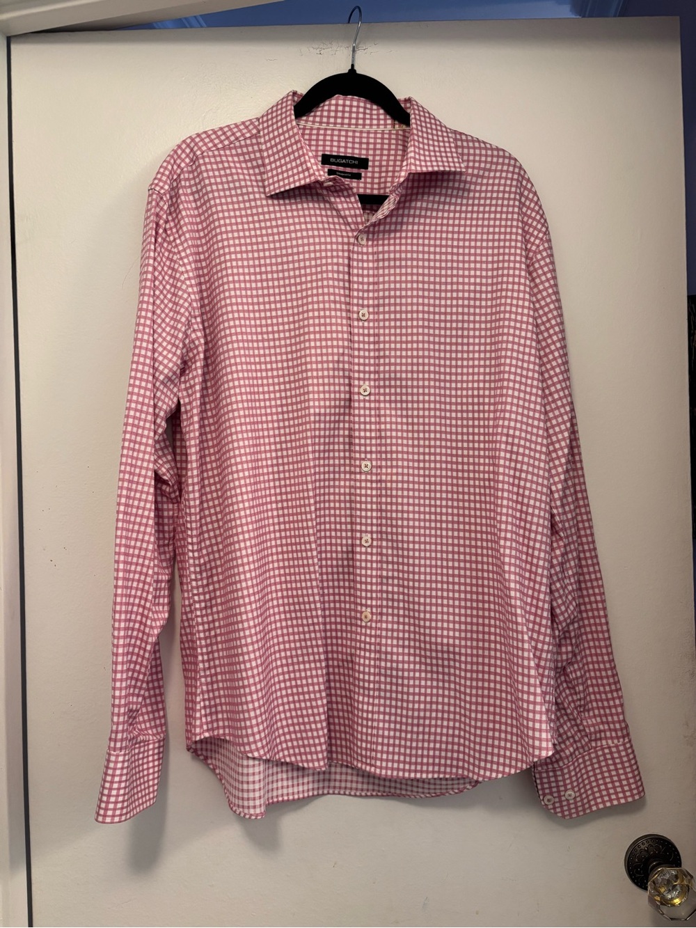 Bugatchi  Pink Check Performance Dress Shirt - Men's shaped fit cotton L
